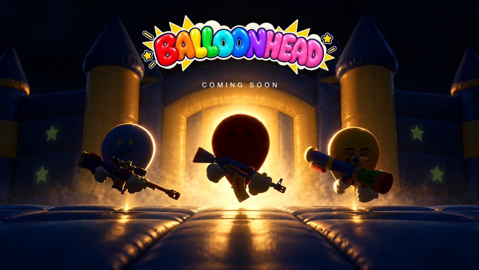 Balloonhead — Coming Soon. Three balloon heroes silhouetted against a warmly lit inflatable castle.